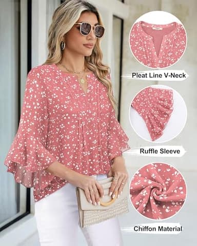 Timeson Womens Dressy Tops: 3/4 Sleeve - Work Blouses for Women - Shirts for Women Dressy Casual Fall Cute Ladies Business Attire Chiffon Professional Office Outfits Polyester Tunics Spotted Pink XL - Image 4