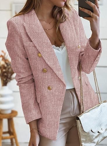 Happy Sailed Tweed Blazers for Women Double Breasted Turndown Collar Blazer Jacket Suits for Work Slim Fit Open Front Business Jackets Casual Outfits Office Professional Fashion 2025 Pink Large - Image 3