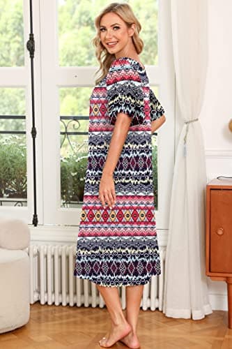 Ekouaer Women's House Dress with Pockets, Black Red Boho, Large - Image 4