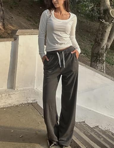 PINSPARK High Waisted Sweat Pants for Women Lounge Wide-Leg Sweatpants Lightweight Drawstring Sweatpant with Side Pockets Large, Heather Dark Grey - Image 5