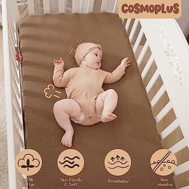 COSMOPLUS-Muslin-Crib-Sheets-for-Girls-Boys-Neutral-Baby,2 Pack Boho Crib Matress Sheet,Fitted Crib Sheet for Standard Crib Mattress & Toddler Bed Mattress,Organic Cotton,Ivory & Iced Coffee - Image 2
