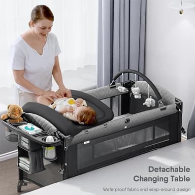 Obee Odee 4 in 1 Baby Bassinet, Pack and Play, Bedside Crib Sleeper, Diaper Changer - Comes with Mattress, Mosquito Net，Bottom Storage and Toy Bar for Newborn to Toddles - Image 3
