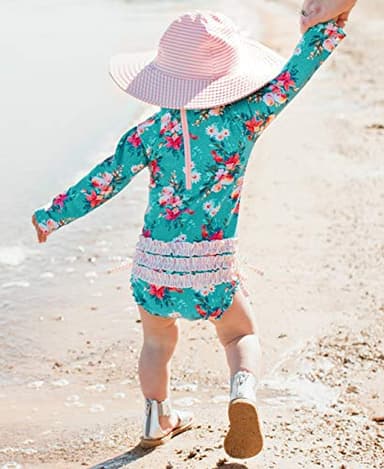 RuffleButts Baby Girls UPF 50+ Sun Protection Floral Printed Long Sleeve One Piece Rash Guard Swimsuit with Zipper - Fancy Me Floral, 3T - Image 2