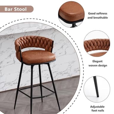 BFZ 26inch Bar Stools Set of 4, Counter Height Bar Stools, 180° Swivel Suede Fabric Stool Chairs with Woven Back and Footrest for Kitchen Island, Cafe, Pub, Bar Counter - Image 3