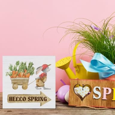 Spring Decor - Spring Sign Decorations Hello Spring Wood Block Plaque Sign Farmhouse Home Desk Table (5 x 5 Inches) - Image 4