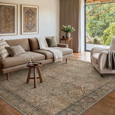 Bavni Washable Rug 9x12 Area Rug for Living Room Bedroom Dining, Washable Vintage Print Carpet, Ultra-Thin Chenille Low Pile Lightweight Rug with Non Slip Backing, Warm Taupe - Image 2