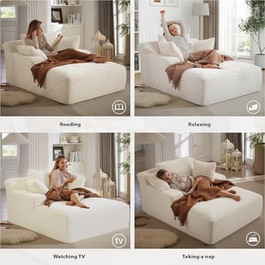 67 Inch Chaise Lounge Chair Indoor, Oversized Corduroy Upholstered Boneless Sofa Bed, Deep Seat Sleeper Couch Reading Chairs, Cloud Sofas Couches for Living Room, No Assembly Required (Beige) - Image 3