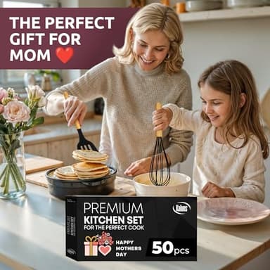 Kaluns 50 PCS Silicone Kitchen Utensils Set Complete Kitchen Set - 800°F Heat Resistant Non-Stick Premium Cooking Utensils W Wooden Handles - Can Opener, Masher, Turner, Silicone Spatula Set - Image 8