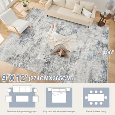 DMOYEST Living Room Area Rugs - 9x12 Abstract Large Soft Indoor Washable Rug Neutral Modern Low Pile Carpet for Bedroom Dining Room Farmhouse Home Office - Grey Blue - Image 2
