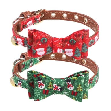 PUPTECK Puppy Collar with Bell XXS Dog Collar Charm Adjustable Bowtie Soft Leather for Cats Kittens Extra Small Dogs 2 Packs - Image 1