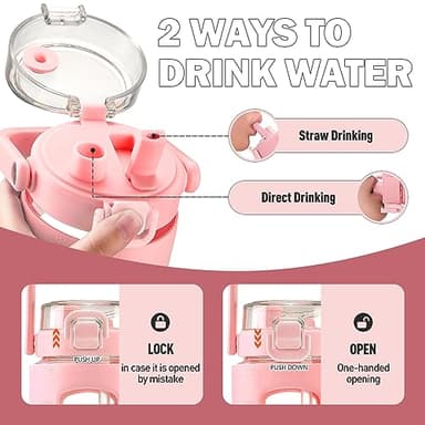 BLUEGO 40 oz Glass Water Bottle with Straw, Leakproof Glass Drinking Bottle with Time Marker and Silicone Sleeve, Wide Mouth Water Bottle for Travel, Gym, Workout, Pink - Image 3