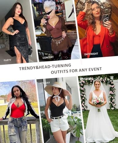 FeelinGirl Body Suits for Women Tummy Control Shapewear Bodysuits for Going Out Deep V Neck Thong Body Shaper, Black, S - Image 3