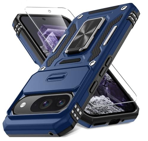 DEERLAMN Case for Google Pixel 9/9 Pro with Slide Camera Cover+Screen Protector(1 Pack), Rotated Ring Kickstand Military Grade Shockproof Protective Cover-Navy Blue - Image 1
