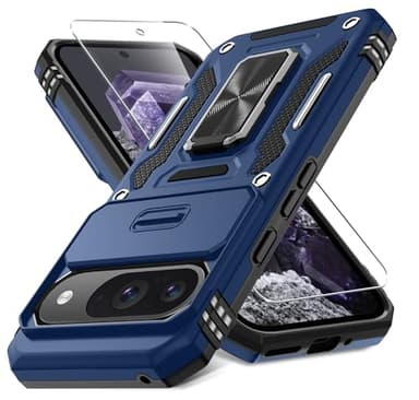 DEERLAMN Case for Google Pixel 9/9 Pro with Slide Camera Cover+Screen Protector(1 Pack), Rotated Ring Kickstand Military Grade Shockproof Protective Cover-Navy Blue - Image 1