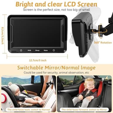 Wkzay Baby Car Camera for Backseat – HD 1080P, 150° Wide Angle, Night Vision, Easy Installation, Adjustable LED Light, 4.3” LCD Display, Anti-Glare - Image 2