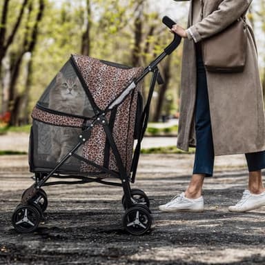 MoNiBloom 4 Wheels Pet Stroller, Easy-Fold Umbrella Shaped Dog Cat Jogger Stroller w/Storage Bag & Visible Mesh for Small/Medium Dogs Cats Leopard Print - Image 3