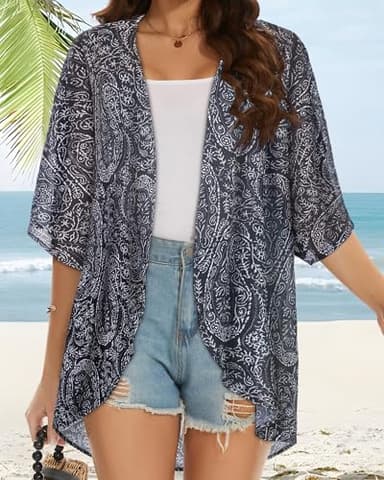Women's Kimono Beach Coverups Sheer Chiffon Cardigan Casual Loose Open Front Blouse Tops Hawaiian Shirts(Boho Black, L) - Image 3