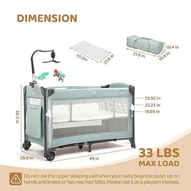 JOYMOR 3 in 1 Baby Bedside Bassinet, Bedside Sleeper with Mattress and Sheet, Convert to Bassinet, Playpen, Foldable Travel Baby Bed, with Wheels, Brake, Carry Bag - Image 9