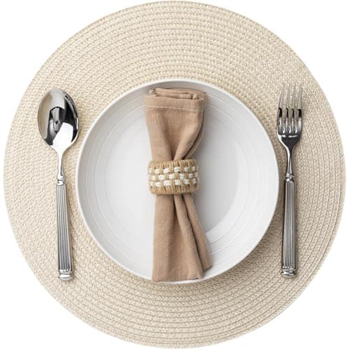 Baroyal Round Placemats Set of 12 Plastic Woven Placemats Washable Wipeable Table Mats for Dining Table Heat Resistant Non-Slip Circle Place Mats (Beige) - Image 1
