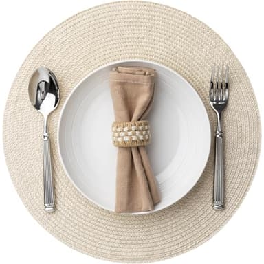 Baroyal Round Placemats Set of 12 Plastic Woven Placemats Washable Wipeable Table Mats for Dining Table Heat Resistant Non-Slip Circle Place Mats (Beige) - Image 1
