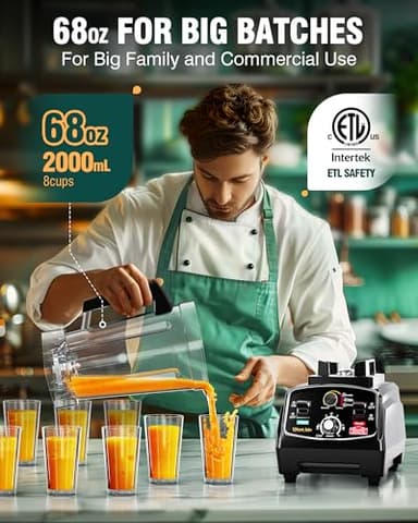 WantJoin Professional Blender, ETL listed 68oz Commercial Blender for kitchen Max 1800W High Power Home and Commercial with Timer, Smoothie Maker 2200ml for Crushing Ice, Frozen Dessert, Soup,fish - Image 3