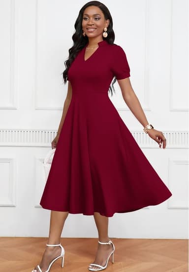 Womens Short Puff Sleeve V Neck Casual Semi-Formal Cocktail Party A-Line Dress - Image 3