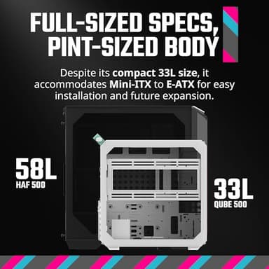 Cooler Master QUBE 500 Flatpack High Airflow Gaming ATX PC Mid-Tower, Customizable, Tempered Glass, Vertical GPU Mount, 365mm GPU Clearances, USB-C, Carrying Handle, Gem Mini - Image 5