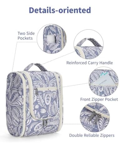 Narwey Small Hanging Toiletry Bag Women Travel Makeup Bag Organizer Toiletries Bag for Travel Size Essentials Accessories Cosmetics (Medium, Blue Leaf) - Image 6