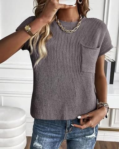 KIRUNDO Sleeveless Sweater Tops for Women Summer Sweater Vests 2025 Casual Spring Fall Fashion Crew Neck Ribbed Knit Pullover(Grey, Medium) - Image 3