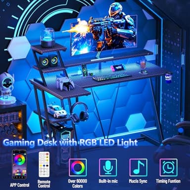 47 Inch Gaming Desk with LED Lights & Power Outlet, L Shaped Computer Desk with Storage Shelves, Gamer Workstations with Monitor Stand for Bedroom, Carbon Fiber Black - Image 4