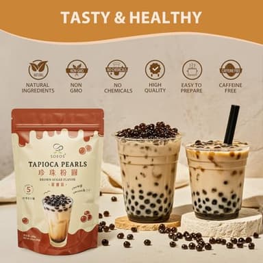 Soeos Boba Pearls, Black Tapioca Pearls 8.8 oz (0.55 lb), Black Sugar Flavor Boba Pearls for Bubble Tea, Smoothies & Desserts – Sweet, Chewy, and Ready to Cook - Image 3
