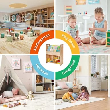 VECELO Wooden Children’s Bookshelf - Kids Book Organizer with 3-Tier Display and 2-Tier Storage Compartments, Easy-to-Access Toddler Bookcase for Playroom, Bedroom, or Nursery - Teak - Image 14