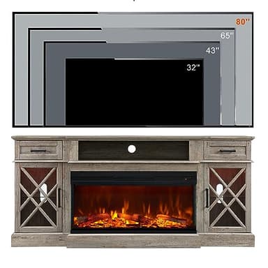 OKD 3-Sided Glass Farmhouse Fireplace TV Stand - Highboy Entertainment Center with Glass Door Storage Cabinet, 70'' Large TV Stands with Electric Fireplace, Light Rustic Oak - Image 6