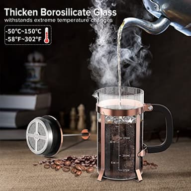 QUQIYSO Coffee Maker 304 Stainless Steel French Press with 4 Filter, Heat Resistant Durable, Easy to Clean, Borosilicate Glass Coffee Press, 100% BPA Free Teapot, 21 ounce, copper - Image 2