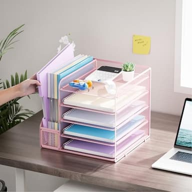 Marbrasse Desk Organizers and Accessories, 5-Tier Paper Letter Tray Organizer with File Holder, Mesh File Organizer, Office Desk Accessories & Organization for Supplies (Pink) - Image 2