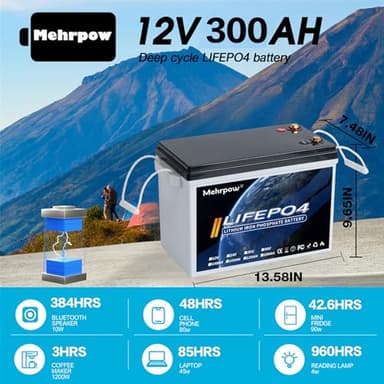 Mehrpow 12V 300Ah LiFePO4 Lithium high-capacity MINI Battery Bluetooth | 200A BMS, 8000 Cycles, 3840Wh, Low Temp Cutoff | Solar/RV/Trolling Motor, Marine, Off-Grid - Image 2