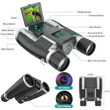 ZZSTAR 12x32 Binoculars with Camera, FMC & BAK4 Prism Lens, Large View, Portable High Powered Binoculars for Adults, 2" LCD Display 5MP 1080P Video Photo Recorder for Bird Watching Sport, Silver - Image 8