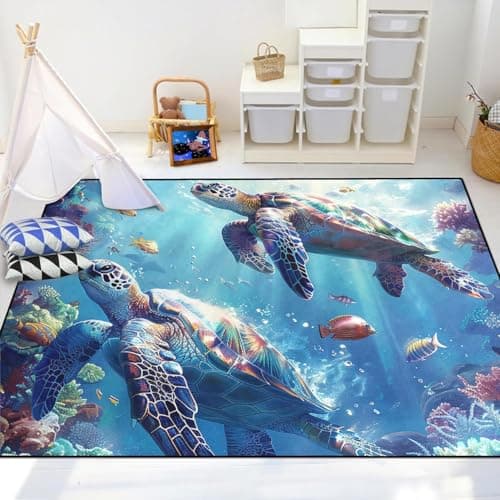 Sea Turtle Carpet Rug - Kids Coastal Rugs for Bedroom Ocean Life Theme, 47" L x 31" W - Image 1