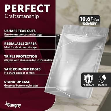 100 Pack Mylar Bags with Oxygen Absorbers - 11 MIL Thick 3 Sizes - 25x1 Gallon 35x1 Quart 40x1/2 Pint - Resealable Bags with 100 Oxygen Absorbers for Food Storage & 112 Labels, Sealable Smell Proof - Image 5