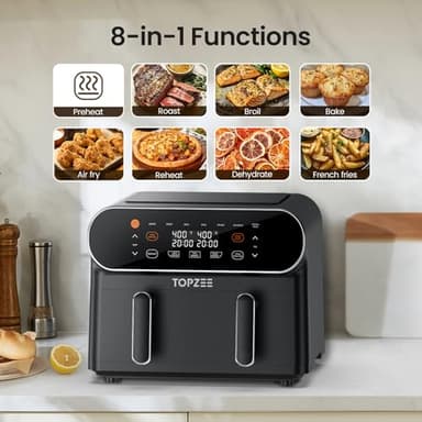 TOPZEE 11-QT Large Air Fryer - 8 in 1 XL Airfryer with Flex Basket, Divider for Dual Cooking, Preheat, Air Fry, Roast, Broil, Bake, Reheat, Dehydrate, French Fries, Dishwasher Safe, Black - Image 5