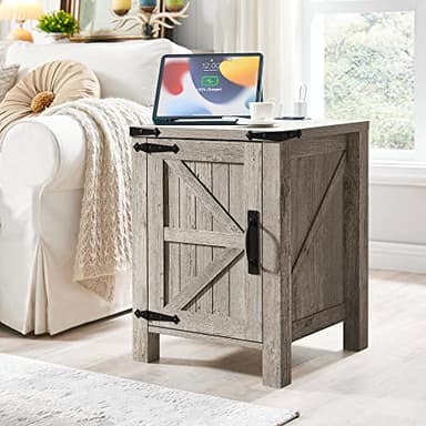 OKD Nightstand with Charging Station, 18 Inch Farmhouse End Table with Barn Door and Adjustable Storage Shelf, Rustic Wood Sofa Side Table w/Magnetic Door for Living Room, Bedroom, Light Rustic Oak - Image 1