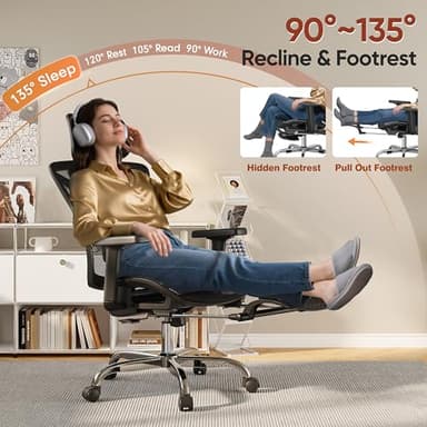 Ergonomic Office Chair with Foot Rest, Home Mesh Desk Chair with Adjustable Lumbar Support, 3D Armrest, 3D Headrest, 90°-135° Lockable Reclining Function, Comfy High Back Swivel Computer Gaming Chairs - Image 4