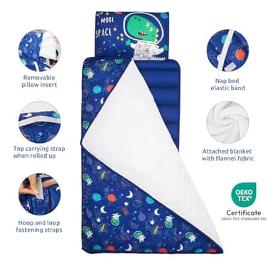 Safotad Toddler Nap Mat with Pillow and Blanket, Soft Sleeping Bag for Kids Boys and Girls, Slumber Bags Kids for Preschool, Daycare, Travel, Camping, 54" x 33" Great for Ages 3-6(Blue) - Image 3