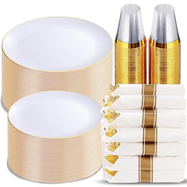 KIRE 350 PCS White and Gold Plates Disposable - Elegant Dinnerware Set of 50 Guest, White Plastic Plates With Gold Rim, Pre Rolled Napkins with Silverware & Cups for Thanksgiving Party/Wedding - Image 1