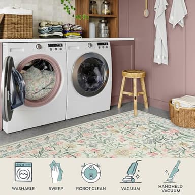 Lahome Boho Washable Girls Bedroom Rugs 9x12, Beige Cream Floral Large Area Rugs for Bedroom, Soft Non-Slip Thin Carpet for Nursery Kids Playroom Dining Room Home, Beige - Image 3