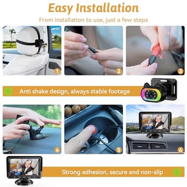 Wkzay Baby Car Camera for Backseat – HD 1080P, 150° Wide Angle, Night Vision, Easy Installation, Adjustable LED Light, 4.3” LCD Display, Anti-Glare - Image 4