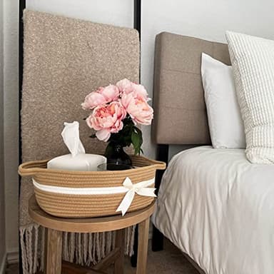 CHICVITA Small Woven Rope Gift Basket, Baby Nursery Storage Baskets for Towels, Snacks, Toys, Diapers, Rectangle Shelf Baskets for Bathroom, Cute Brown Basket, 13 x 9.8 x 5 inches - Image 5