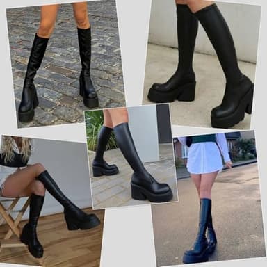 AMINUGAL Womens Elastic Knee High Boots Platform Chunky Block High Heel Sock Boots Zipper Round Toe Fashion Motorcycle Combat Punk Boots For Women Black size 8 - Image 6
