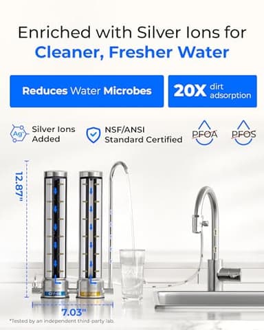 [Silver ions] Waterdrop Dual-Stage Countertop Water Filter System, Reduce Chlorine, PFOA/PFOS, Bad Taste & Odor, Silver Ions Enhanced Filtration, Stainless Steel, WD-CTF-09(2 Filter) - Image 4