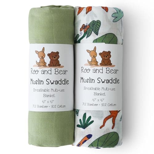 Muslin Swaddle Blankets for Newborn Baby, Buttery Soft and Breathable Receiving Blanket Bamboo Rayon and Cotton Blend, Large Size 47 x 47 Inch, 2 Pack of Green and Jungle Animals - Image 1